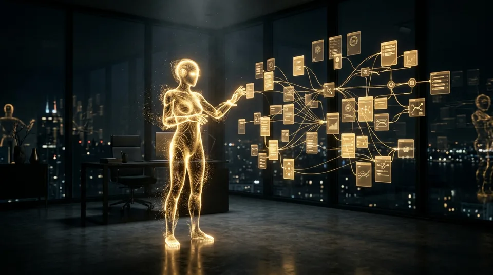 An AI agent working at a desk beside a person